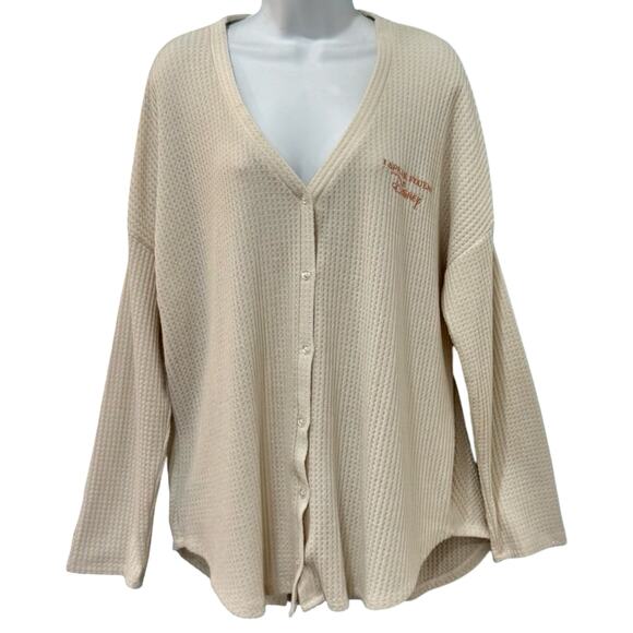 Destination Disney Speak Fluent Cream Waffle Knit Button Up Long Sleeve Top XL - Picture 1 of 9